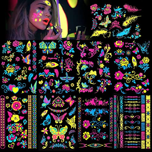 Neon Glow UV Temporary Tattoos for Boys and Girls, 100+ Designs