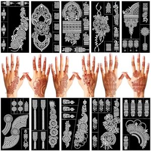 QSTOHENA Henna Tattoo Stencils Kit 10 Sheets - Indian Arabian Flower, Reusable Sticker for Women Girls