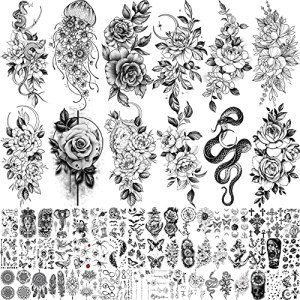 Bilizar 64 Sheets Long Lasting Flower Temporary Tattoos For Women Arm Neck, Jellyfish Sunflower Moon Rose Fake Tattoos