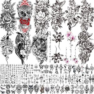 Yezunir 66 Sheets 3D Owl Tiger Flower Temporary Tattoos For Women Girls Arm Sleeve Thigh, Large Skull Lotus Snake Peony Rose Floral Temp Tattoo Sticker Adult