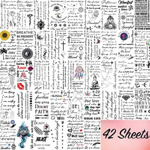 Realistic Self Care Temporary Tattoos - 42 Custom Sheets Tiny Finger Wrist Fake Tattoo - Inspirational Affirmation Words and Motivational Quote