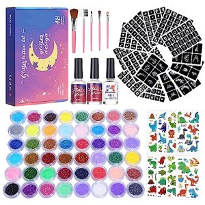 Solong Glitter Tattoo Kit, 48-Color Flash Glitter, 318 Stencils, Skin-Friendly Body Makeup for Girls and Teens