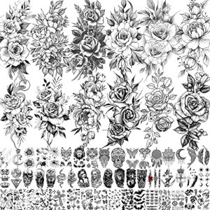 Realistic Black Rose Peony Flower Temporary Tattoos For Women, 63 Sheets