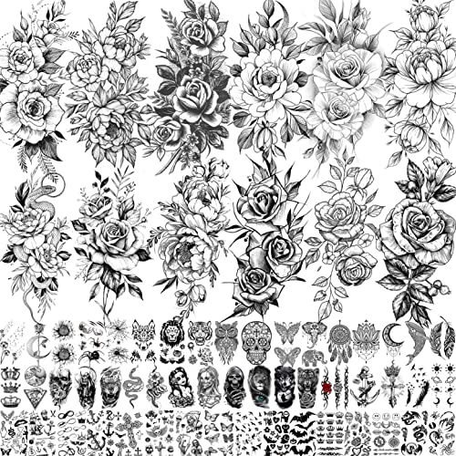 Realistic Black Rose Peony Flower Temporary Tattoos For Women, 63 Sheets