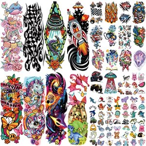 52 Sheets Kids Full Arm Temporary Tattoo, Realistic Astronaut Planet Dolphin Car Dinosaur Unicorn Castle Bunny Butterfly Cat Tattoos