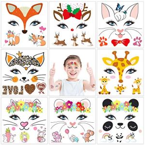 Animal Face Tattoos Kit for Kids, 8 Sheets, Halloween Makeup, Skin Safe, 12cmx12cm