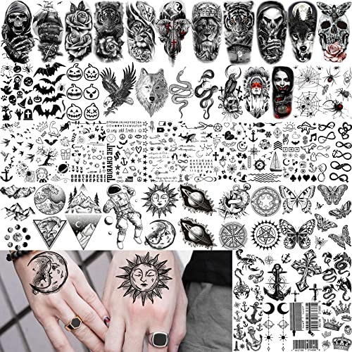 Yezunir 63 Sheets Black Wolf Tiger Lion Temporary Tattoos For Women Men Kids Arm Sleeve, Halloween Scary Skull Skeleton Fake Tattoo Stickers Adults - Image 3
