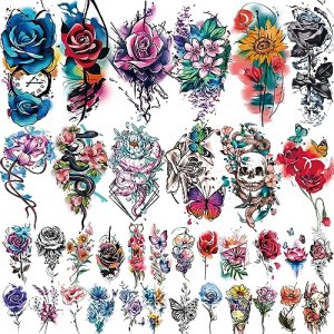Flowers Temporary Tattoo 77 Sheets, Realistic Waterproof Fake Tattoos for Adults and Kids