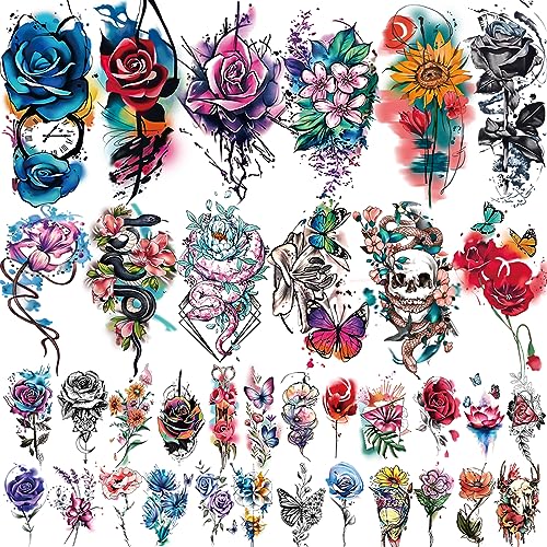 Flowers Temporary Tattoo 77 Sheets, Realistic Waterproof Fake Tattoos for Adults and Kids