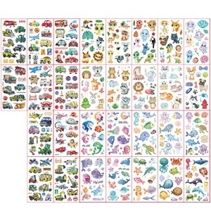 Glitter Animals Car Marine Animals Temporary Tattoos for Kids Mixed Planes, Cars, Buses, Lions, Rabbits, Bears, Elephants, Sharks, Whales, Seahorses