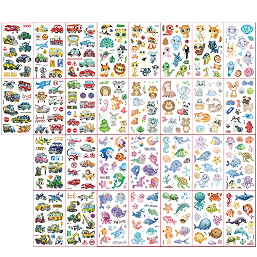 Glitter Animals Car Marine Animals Temporary Tattoos for Kids Mixed Planes, Cars, Buses, Lions, Rabbits, Bears, Elephants, Sharks, Whales, Seahorses