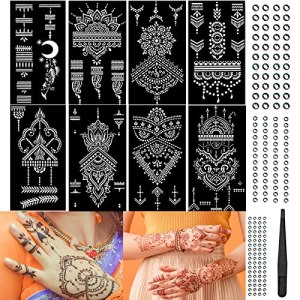 Henna Tattoo Stencil Kit 172Pcs Gems Rhinestone Stickers Tweezers