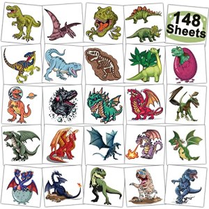 CHARLENT 148 PCS Dinosaur and Dragon Temporary Tattoos for Kids - Individually Wrapped Dinosaur & Dragon Styles