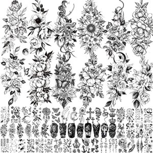3D Snake Flower Temporary Tattoos For Women Girls Neck Arm, Realistic Floral Fake Stickers Thigh, Waterproof Transfer Tatoo Adults Rose Sunflower Butterfly VANTATY