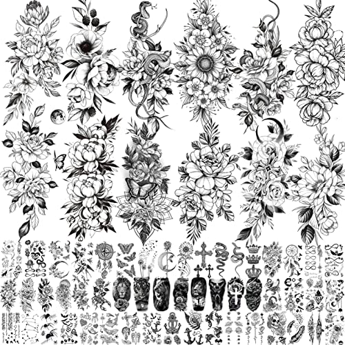 3D Snake Flower Temporary Tattoos For Women Girls Neck Arm, Realistic Floral Fake Stickers Thigh, Waterproof Transfer Tatoo Adults Rose Sunflower Butterfly VANTATY