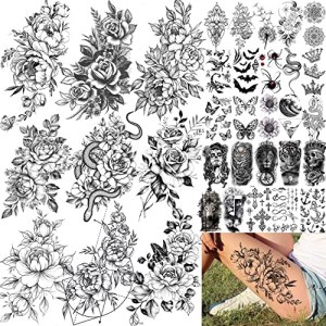 Rejaski 34 Sheets Large Rose Peony Temporary Tattoos Women Thigh Half Arm Sleeve 3D Black Butterfly Floral