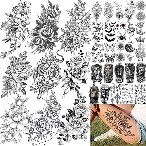 Rejaski 34 Sheets Large Rose Peony Temporary Tattoos Women Thigh Half Arm Sleeve 3D Black Butterfly Floral