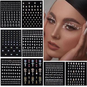 8 Sheets of Eye Body Face Gems Stickers - Adhesive Rhinestone Pearl Makeup Gems - Crystal Diamond Glitter Stick