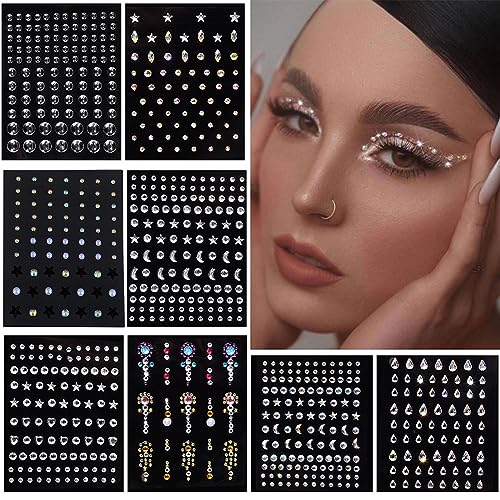 8 Sheets of Eye Body Face Gems Stickers - Adhesive Rhinestone Pearl Makeup Gems - Crystal Diamond Glitter Stick