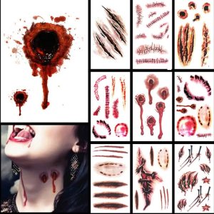 Halloween Temporary Tattoo Stickers Horror Reality Waterproof Fake Bloody Wound Stitching Stickers 10 Sheets