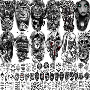 Bilizar 63 Sheets Tribal Wolf Lion Tiger Temporary Tattoos Scary Halloween Skull Gangster Fake Tattoo Stickers Kids