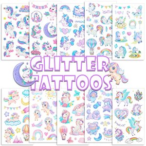 Glitter Unicorn Temporary Tattoos for Kids, Konsait Waterproof Stickers Rainbow Princess Unicorn Theme Party