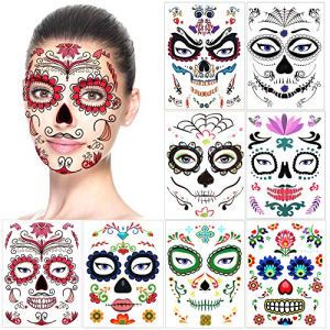 Halloween Day of the Dead Face Tattoos 8-Pack Red Roses Black Skeleton Web