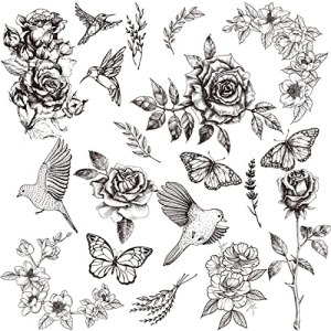 CHARLENT Realistic Black Flower Temporary Tattoos for Women - Rose Swallow Butterfly Peony Waterproof