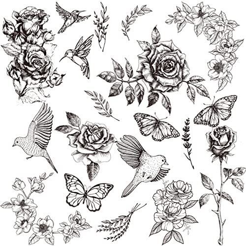 CHARLENT Realistic Black Flower Temporary Tattoos for Women - Rose Swallow Butterfly Peony Waterproof