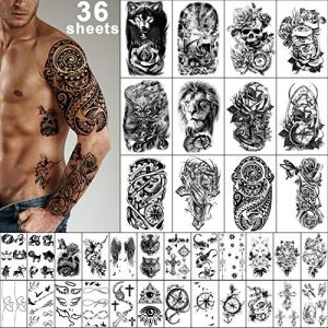 Yazhiji 36 Sheets Temporary Tattoos Stickers, 12 Sheets Fake Body Arm Chest Shoulder Tattoos for Men or Women