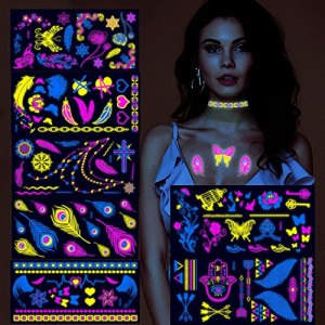 Neon Temporary Tattoos, 100+ Designs, Glow in The Dark, Halloween Party Supplies, Waterproof