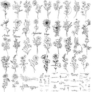 Realistic Waterproof Temporary Tattoo Sheets - Inspirational Words, Wild Flower Floral Rose Sunflower Bouquet Body Stickers