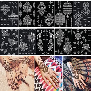 PPVWEY 10 Pair Hand Tattoo Stencils 10 Sheets Temporary Tattoo Templates Indian Arabian Self Adhesive