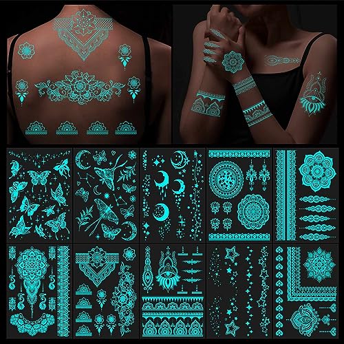 Blue Glow in the Dark Indian Lace Temporary Tattoos for Woman Girls Hand Arm Body Art - Image 4