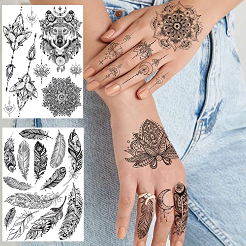 Unique Black Henna Temporary Tattoo Stickers For Adults Women Girls Feather Mandala Flower - Image 2