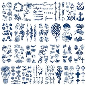 30 Sheets Dark Blue Semi-Permanent Tattoos for Women Girls Kids Realistic Waterproof Temporary Tattoos Crown Floral Rose