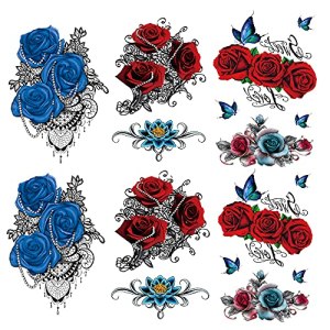 Elegant Blue Red Rose Temporary Tattoo Sticker for Women Girls Models, Waterproof Long Lasting Body Art Makeup