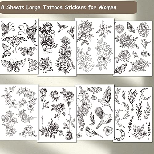 CHARLENT Realistic Black Flower Temporary Tattoos for Women - Rose Swallow Butterfly Peony Waterproof - Image 2