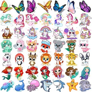 Rejaski 50 PCS Cute Animals ZOO Kids Temporary Tattoos For Girls Butterfly Mermaid Unicorn 1.8"x1.8"