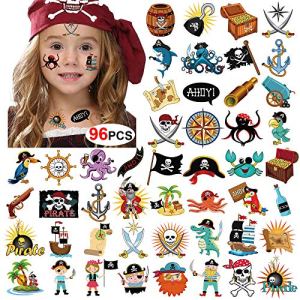 Pirate Temporary Tattoo (96Pcs) Neverland Pirates Cannon Powder Jake Captain Sticker for Kids Boys Girls