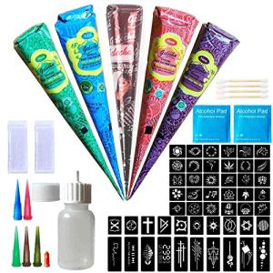 Temporary Tattoo Kit with 5 Mehndi Cones and 50 Stencils - Halloween Christmas Festival