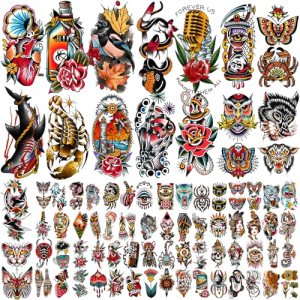 77 Sheets Vintage Temporary Tattoo, Old School Tatoos Flower Swallows Butterflies Tiger Scorpion Snake Hand Owl Swords for Women Girls and Men, Half Arm Fake Tattoos for Adults Shoulder Arm BASIFA