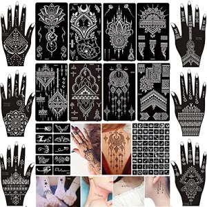 XMASIR 16 Sheets Henna Tattoo Stencil Kit, Glitter Airbrush Mehndi Temporary Tattoo for Women Kids