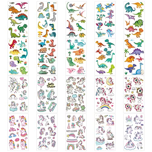 KINBOM 20 Sheets Kids Temporary Tattoos - Unicorn Dinosaur Designs