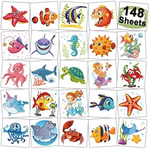 CHARLENT 148 PCS Ocean Animals Temporary Tattoos for Kids - Sea Creature Individual Tattoos for Boys Girls