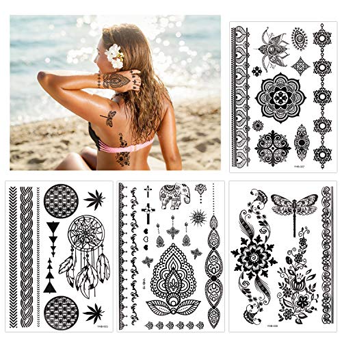 Konsait 10 Sheets Henna Temporary Tattoo Black Art Stickers Lace Mehndi Body Transfers - Image 2