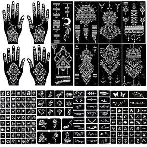 QSTOHENA 16 Sheets Henna Temporary Tattoo Stencil Kit - Glitter Airbrush Tattoo Sticker