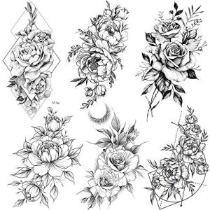 Large Black Rose Flower Temporary Tattoos For Women, Geometric Waterproof Fake Tattoo Sticker Sets