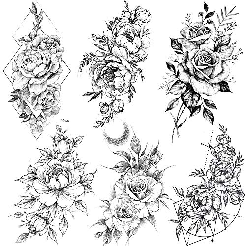 Large Black Rose Flower Temporary Tattoos For Women, Geometric Waterproof Fake Tattoo Sticker Sets