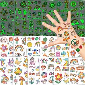 Groovy 70s Temporary Tattoos for Kids, 90 Pcs Glow in Dark Hippie Tattoos Stickers